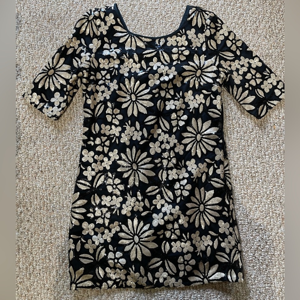 Black and gold floral sequin minidress, US 8